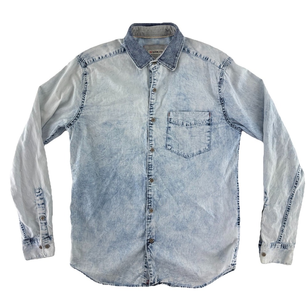 32 Bar Blues Acid Wash Button Up Shirt Mens Small Cotton Long‎ Sleeve